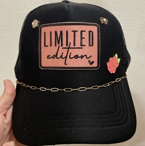 Limited Edition Black Cap with Gold Chain and Pink Floral Accent